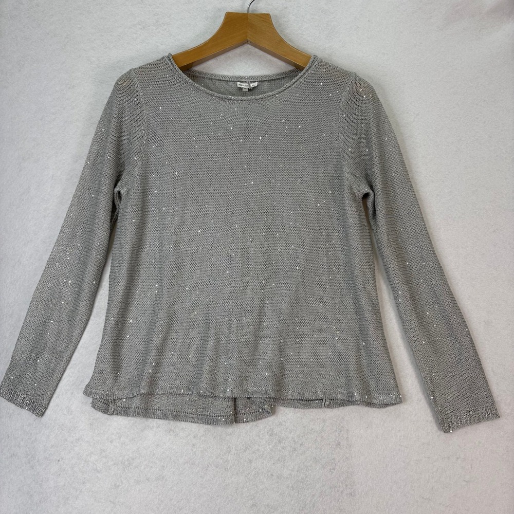 Sioni Women's Sz M Silver Sequin Knit Long Sleeve Sweater Top Holiday Shimmer‎